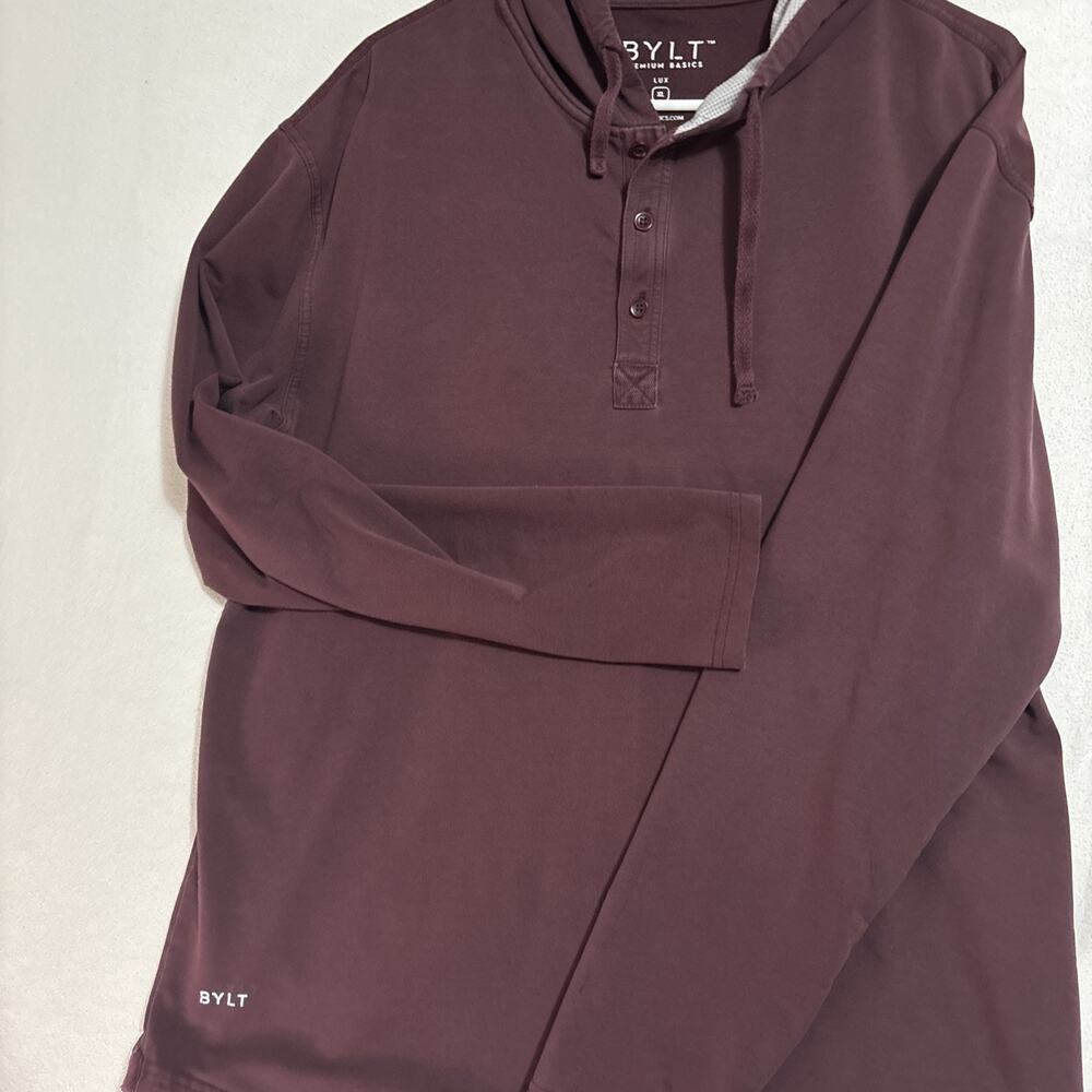 BYLT Drop Cut Lux Hooded Henley Mens X L Long Sleeve Pullover Stretch